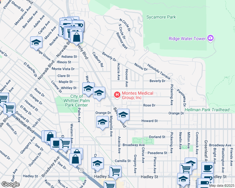 map of restaurants, bars, coffee shops, grocery stores, and more near 11823 Floral Drive in Whittier