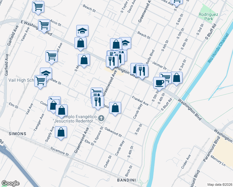 map of restaurants, bars, coffee shops, grocery stores, and more near 1109 South Spruce Street in Montebello