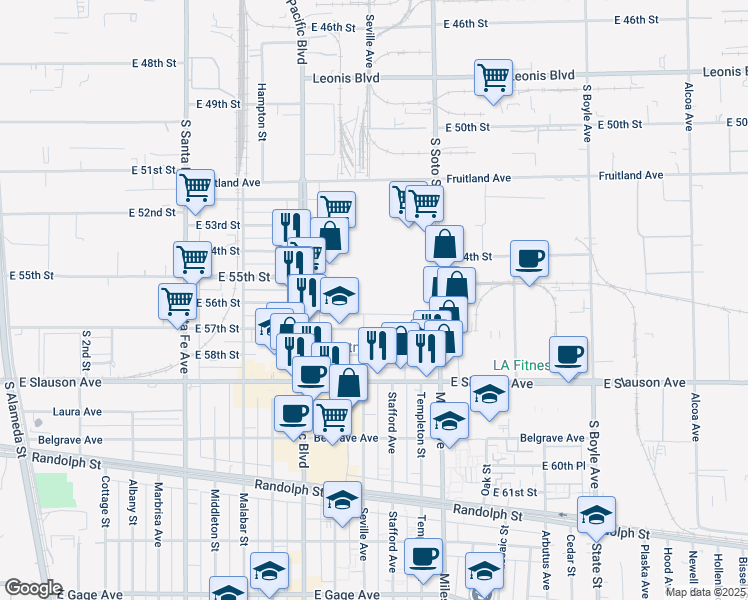 map of restaurants, bars, coffee shops, grocery stores, and more near 2701 East 57th Street in Huntington Park