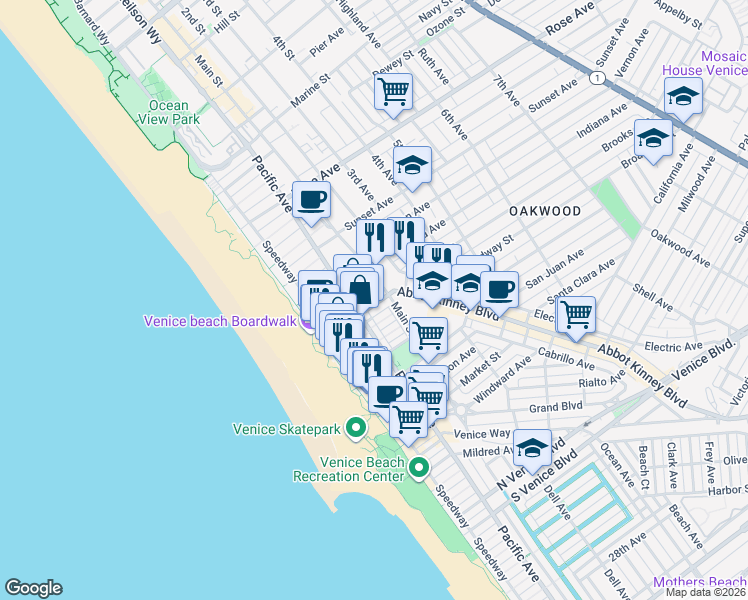 map of restaurants, bars, coffee shops, grocery stores, and more near 115 Breeze Avenue in Los Angeles