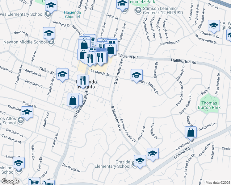 map of restaurants, bars, coffee shops, grocery stores, and more near 2330 South Stimson Avenue in Hacienda Heights