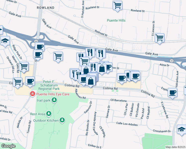 map of restaurants, bars, coffee shops, grocery stores, and more near 17595 Almahurst Street in City of Industry