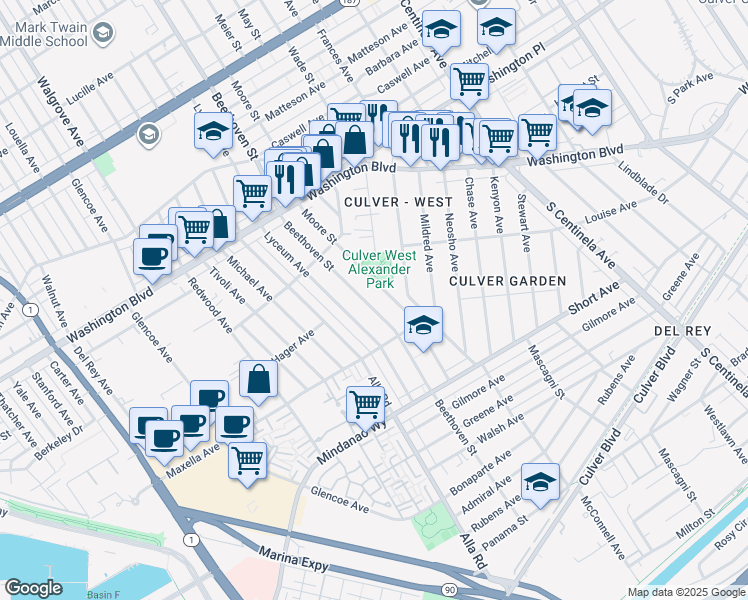 map of restaurants, bars, coffee shops, grocery stores, and more near 4224 Beethoven Street in Los Angeles