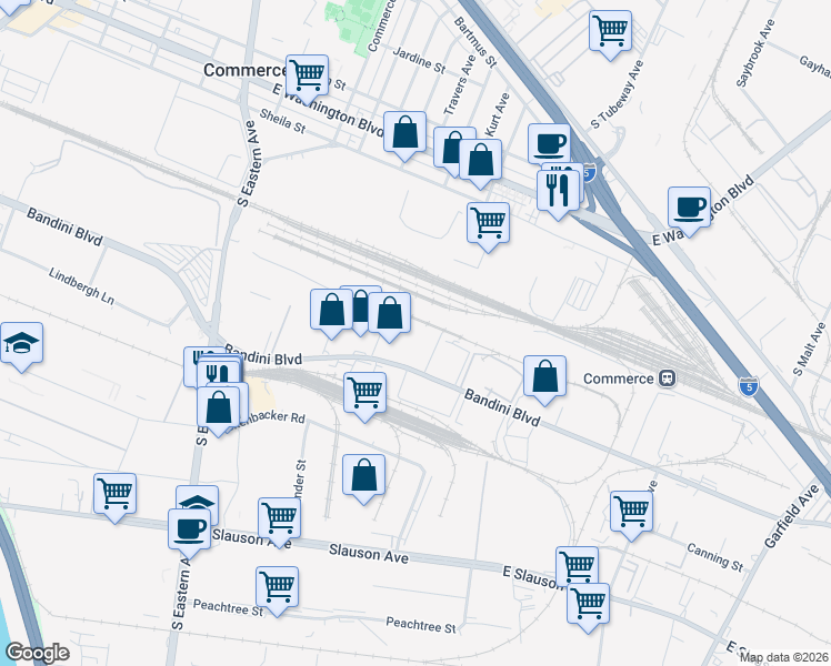 map of restaurants, bars, coffee shops, grocery stores, and more near 6023 Bandini Boulevard in Los Angeles