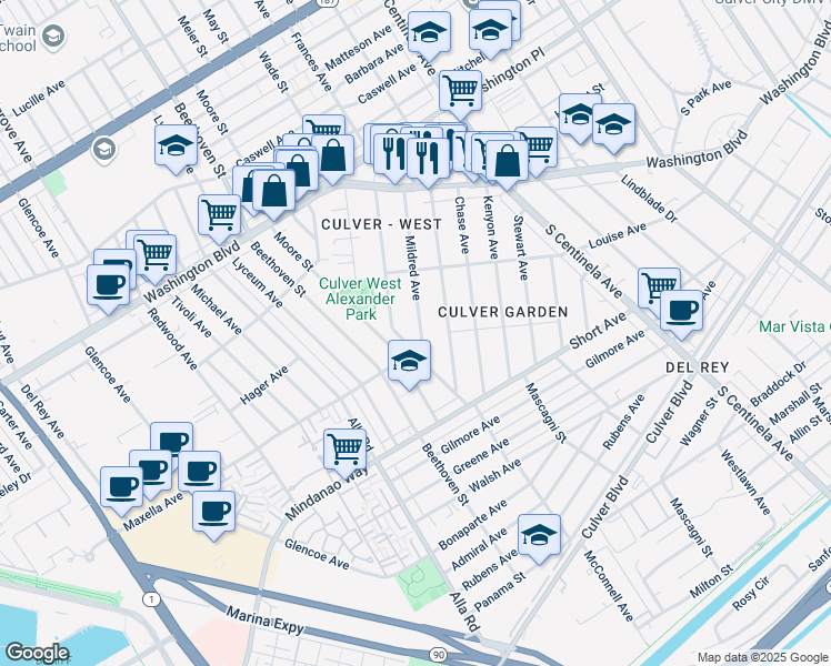 map of restaurants, bars, coffee shops, grocery stores, and more near 4284 Moore Street in Los Angeles