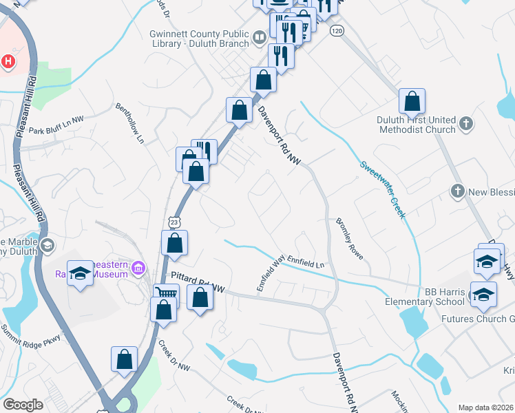 map of restaurants, bars, coffee shops, grocery stores, and more near 3342 Crossfield Lane in Duluth