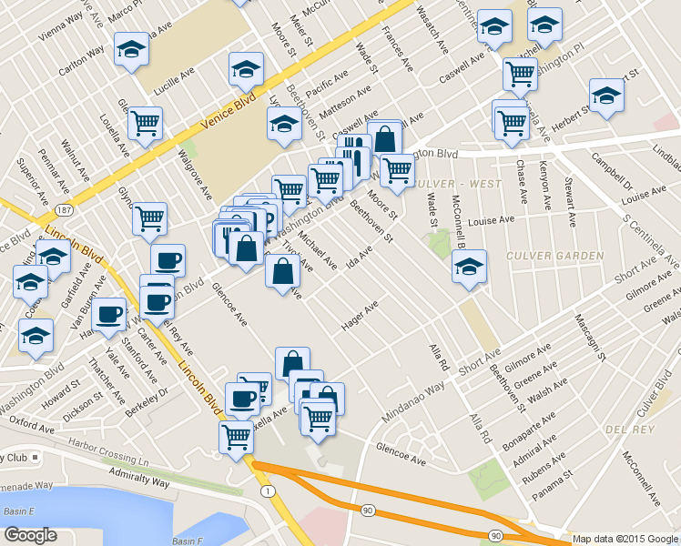 map of restaurants, bars, coffee shops, grocery stores, and more near Michael Ave & Ida Ave in Marina Del Rey
