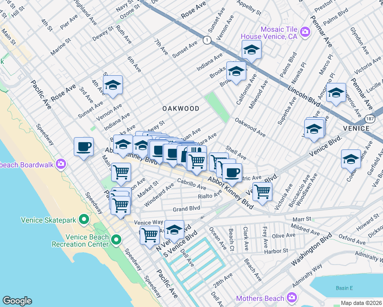 map of restaurants, bars, coffee shops, grocery stores, and more near 1322 Electric Avenue in Los Angeles