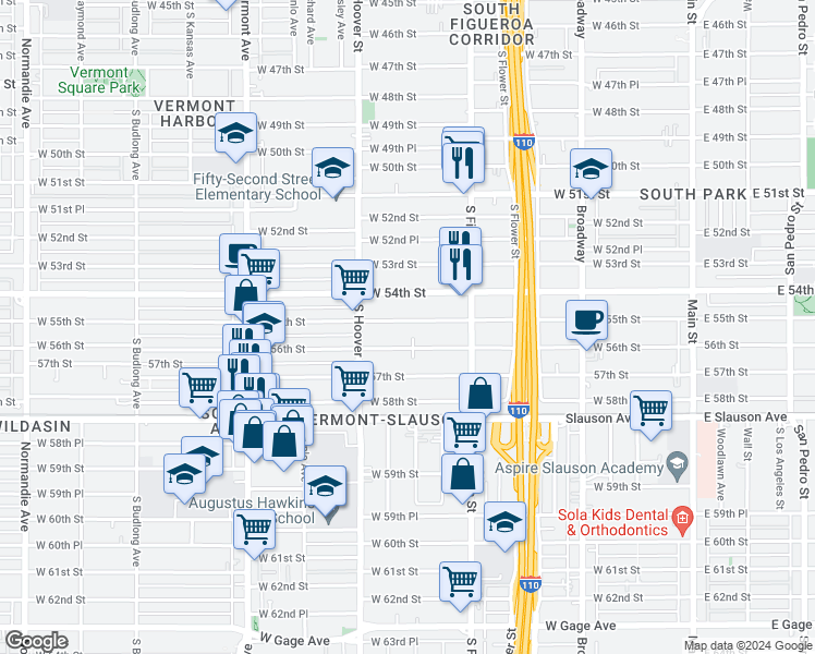 map of restaurants, bars, coffee shops, grocery stores, and more near 624 West 55th Street in Los Angeles