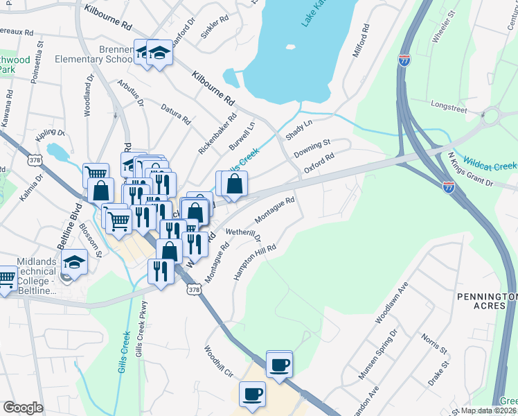 map of restaurants, bars, coffee shops, grocery stores, and more near 920 Montague Road in Columbia