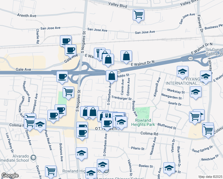 map of restaurants, bars, coffee shops, grocery stores, and more near 19225 Tranbarger Street in La Puente