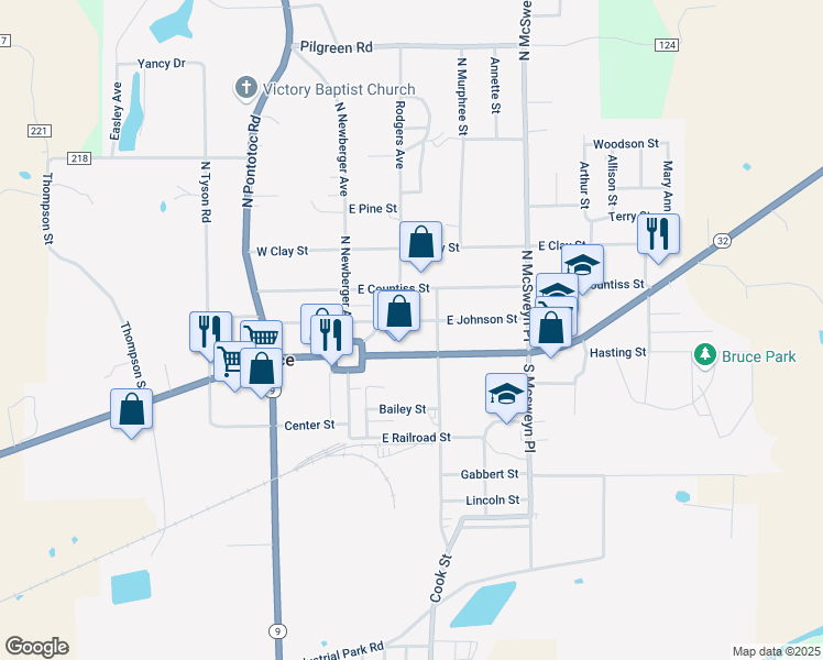 map of restaurants, bars, coffee shops, grocery stores, and more near 123 East Calhoun Street in Bruce