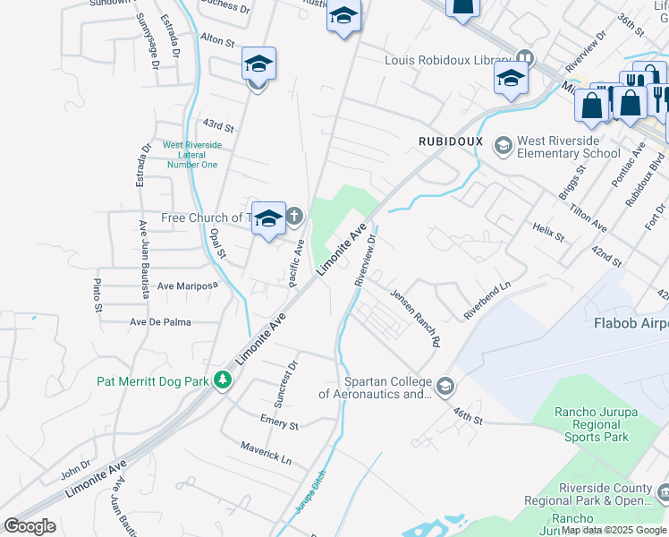 map of restaurants, bars, coffee shops, grocery stores, and more near 5980 Limonite Avenue in Riverside