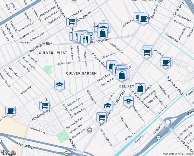 map of restaurants, bars, coffee shops, grocery stores, and more near 4414 Westlawn Avenue in Los Angeles
