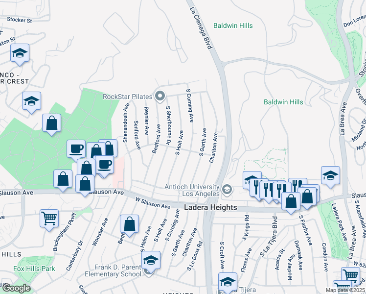 map of restaurants, bars, coffee shops, grocery stores, and more near 5511 South Corning Avenue in Los Angeles