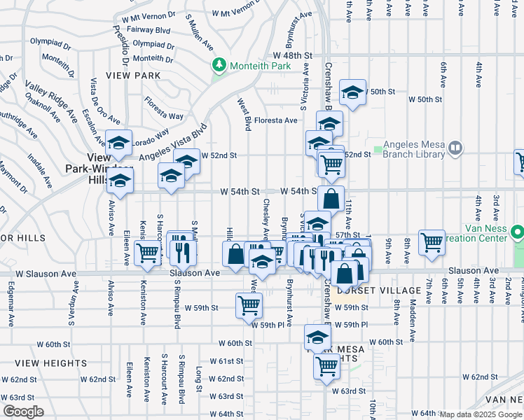 map of restaurants, bars, coffee shops, grocery stores, and more near 5429 Chesley Avenue in Los Angeles