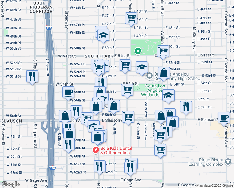 map of restaurants, bars, coffee shops, grocery stores, and more near 152 East 56th Street in Los Angeles