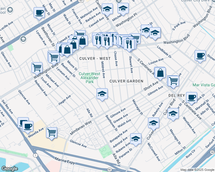 map of restaurants, bars, coffee shops, grocery stores, and more near 4272 Mildred Avenue in Los Angeles