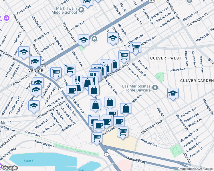 map of restaurants, bars, coffee shops, grocery stores, and more near 13320 Beach Avenue in Los Angeles