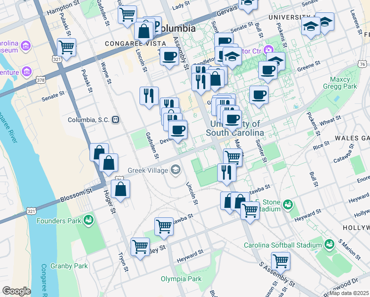 map of restaurants, bars, coffee shops, grocery stores, and more near 650 Lincoln Street in Columbia