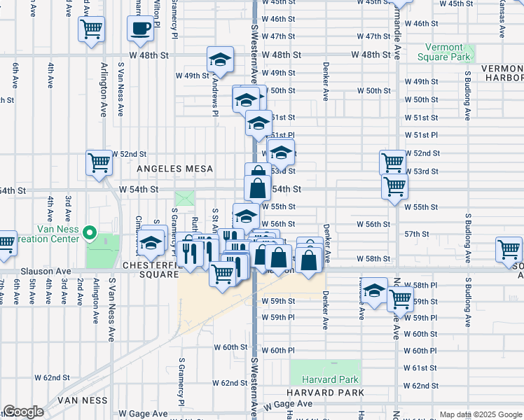 map of restaurants, bars, coffee shops, grocery stores, and more near 1731 1/2 West 56th Street in Los Angeles