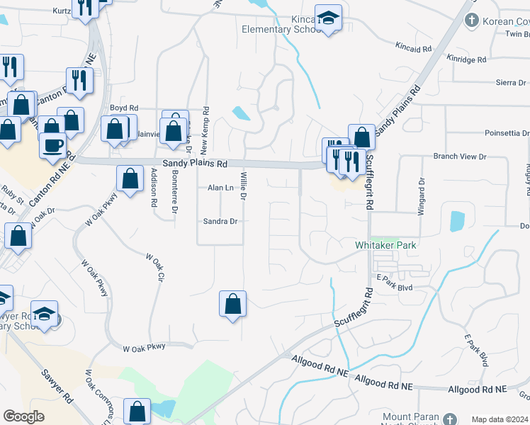 map of restaurants, bars, coffee shops, grocery stores, and more near 1593 Pinebreeze Drive in Marietta