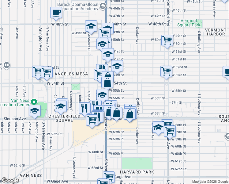 map of restaurants, bars, coffee shops, grocery stores, and more near 1728 West 55th Street in Los Angeles