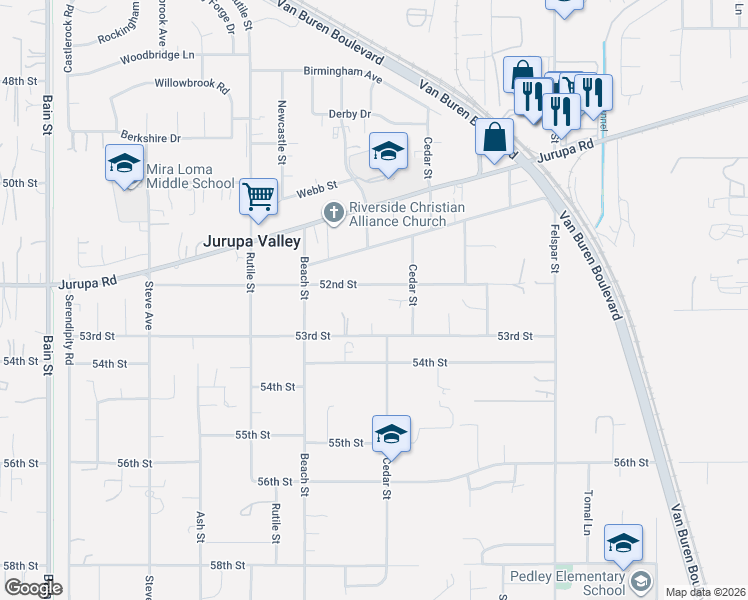 map of restaurants, bars, coffee shops, grocery stores, and more near 9511 53rd Street in Riverside