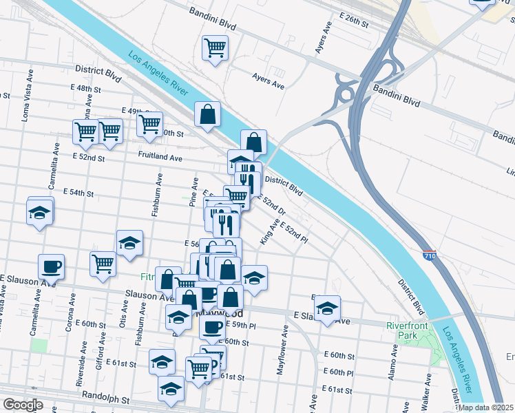 map of restaurants, bars, coffee shops, grocery stores, and more near 4527 East 53rd Street in Maywood