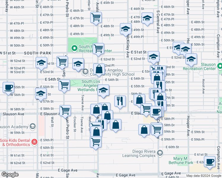 map of restaurants, bars, coffee shops, grocery stores, and more near 663 East 56th Street in Los Angeles