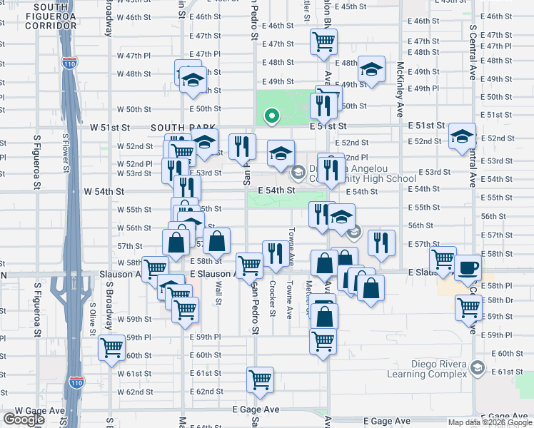 map of restaurants, bars, coffee shops, grocery stores, and more near 333 East 56th Street in Los Angeles