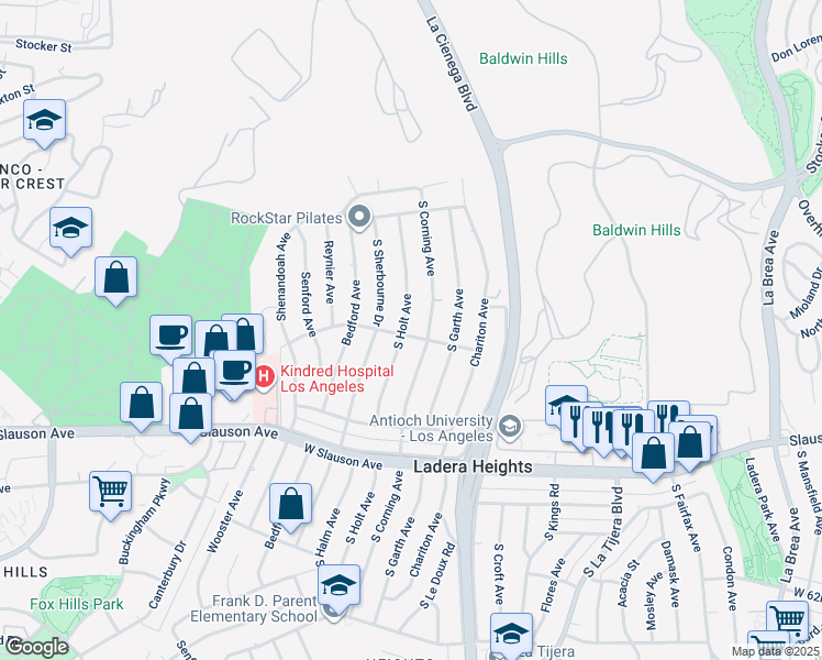map of restaurants, bars, coffee shops, grocery stores, and more near 5511 South Corning Avenue in Los Angeles