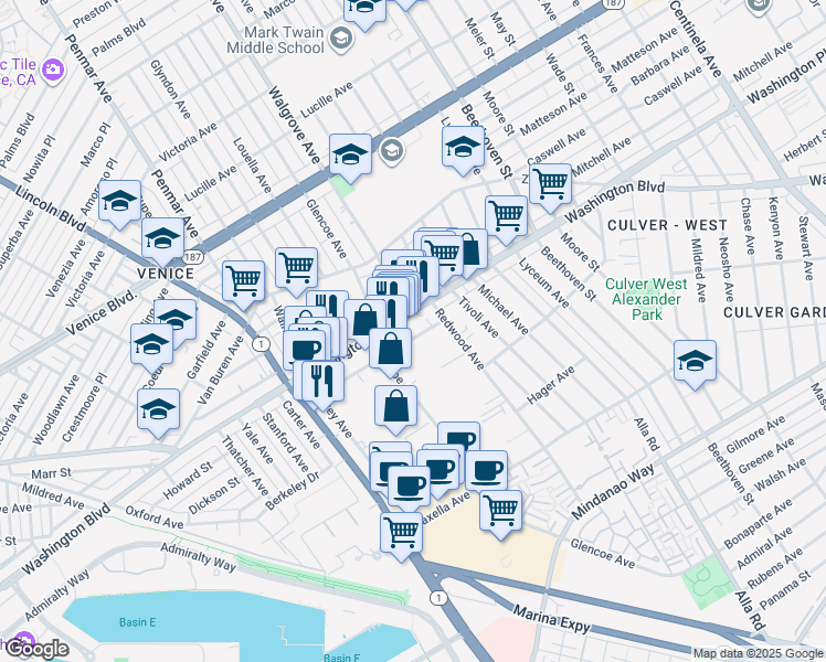 map of restaurants, bars, coffee shops, grocery stores, and more near 13352 Beach Avenue in Marina del Rey