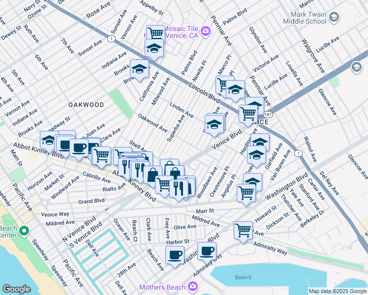 map of restaurants, bars, coffee shops, grocery stores, and more near 618 Venice Boulevard in Los Angeles