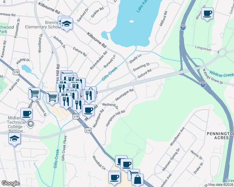 map of restaurants, bars, coffee shops, grocery stores, and more near 920 Montague Road in Columbia