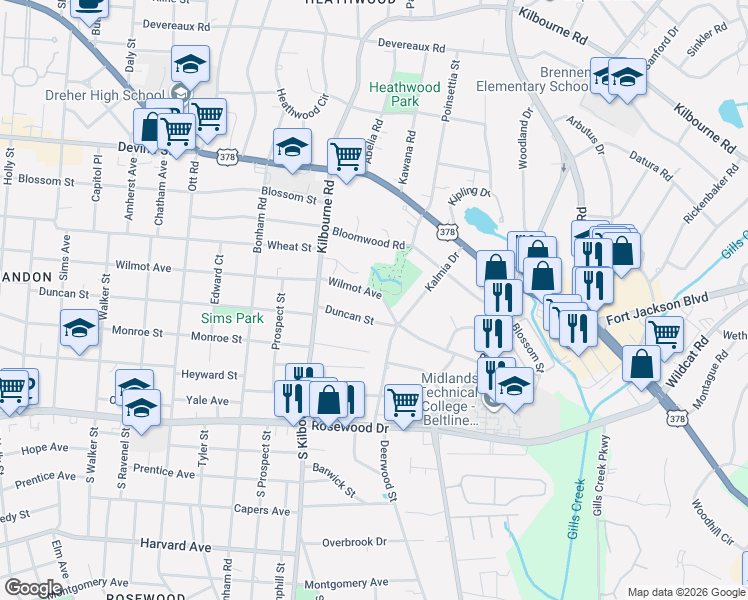 map of restaurants, bars, coffee shops, grocery stores, and more near 3942 Wilmot Avenue in Columbia