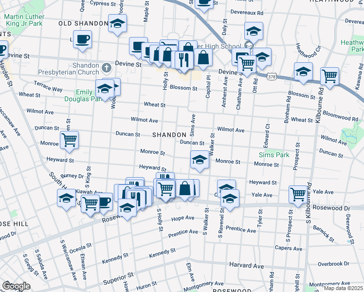 map of restaurants, bars, coffee shops, grocery stores, and more near 3007 Monroe Street in Columbia