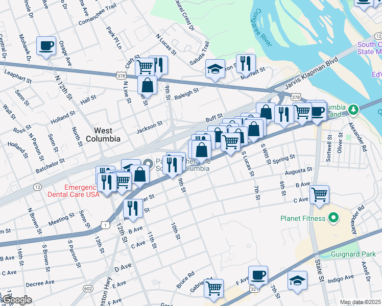 map of restaurants, bars, coffee shops, grocery stores, and more near 809 Meeting Street in West Columbia