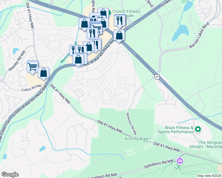 map of restaurants, bars, coffee shops, grocery stores, and more near 1575 Ridenour Parkway Northwest in Kennesaw