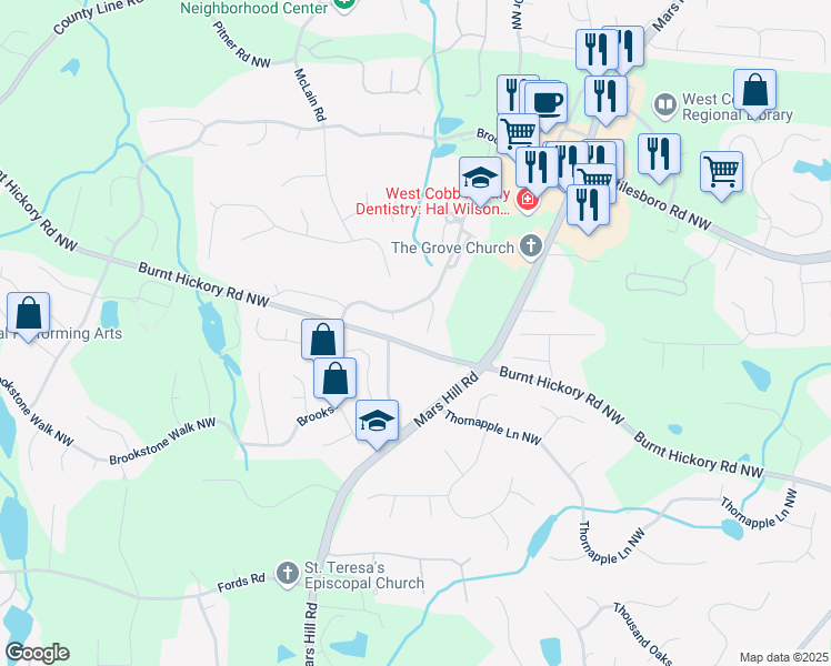 map of restaurants, bars, coffee shops, grocery stores, and more near 1593 Brynwood Court in Acworth