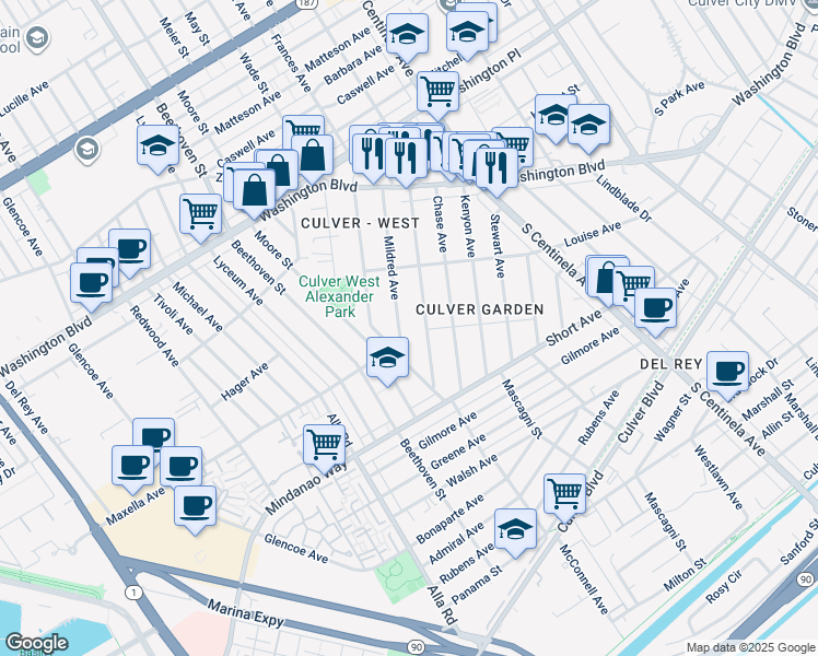 map of restaurants, bars, coffee shops, grocery stores, and more near 4272 Mildred Avenue in Los Angeles