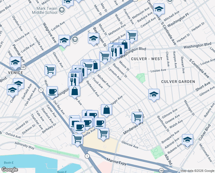 map of restaurants, bars, coffee shops, grocery stores, and more near 4124 Tivoli Avenue in Los Angeles