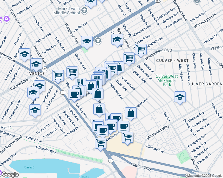 map of restaurants, bars, coffee shops, grocery stores, and more near 13320 Beach Avenue in Los Angeles