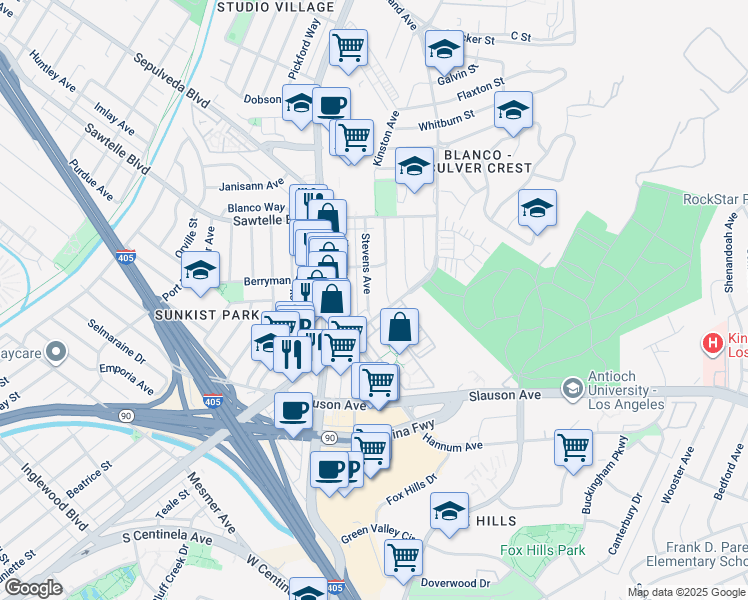 map of restaurants, bars, coffee shops, grocery stores, and more near 11338 Stevens Avenue in Culver City