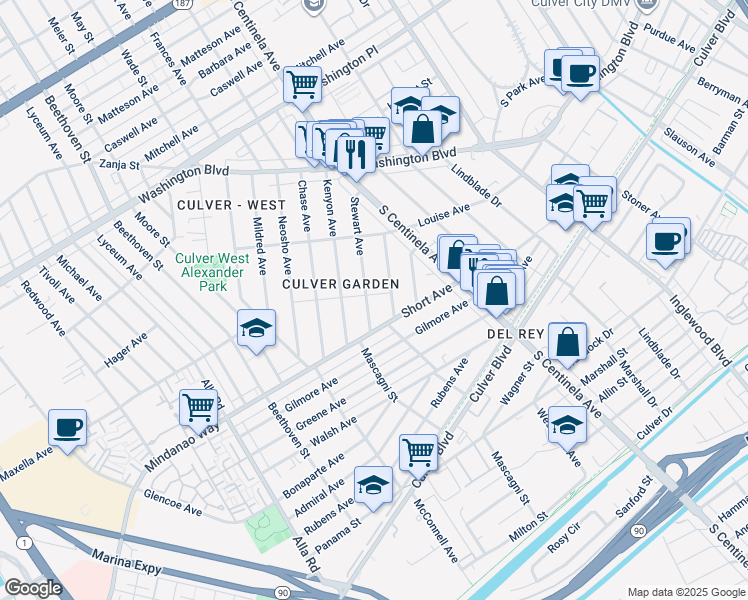 map of restaurants, bars, coffee shops, grocery stores, and more near 4410 Stewart Avenue in Los Angeles
