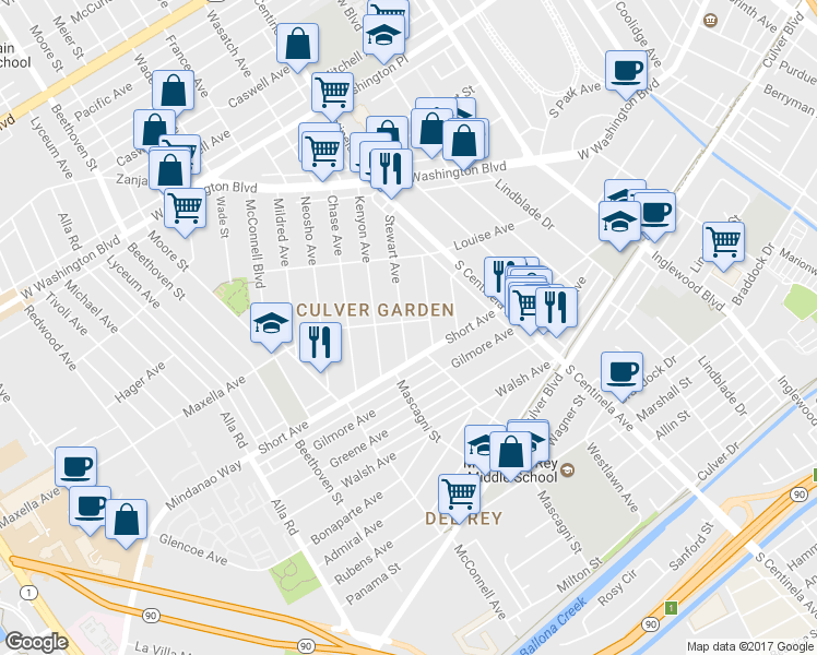 map of restaurants, bars, coffee shops, grocery stores, and more near 4410 Stewart Avenue in Los Angeles