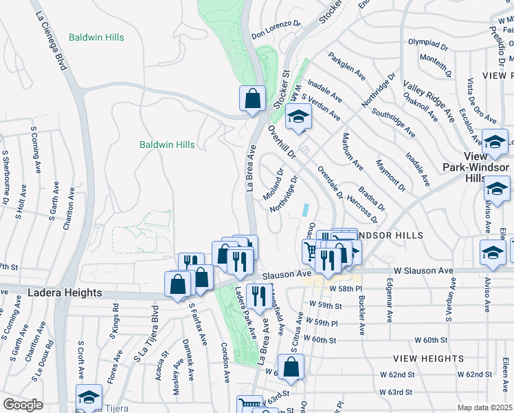 map of restaurants, bars, coffee shops, grocery stores, and more near 4688 Northridge Drive in View Park-Windsor Hills