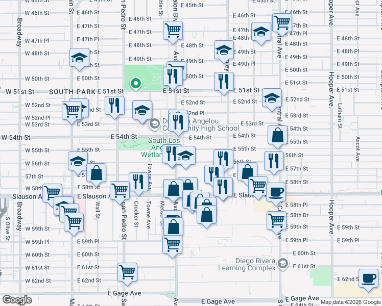 map of restaurants, bars, coffee shops, grocery stores, and more near 610 East 56th Street in Los Angeles