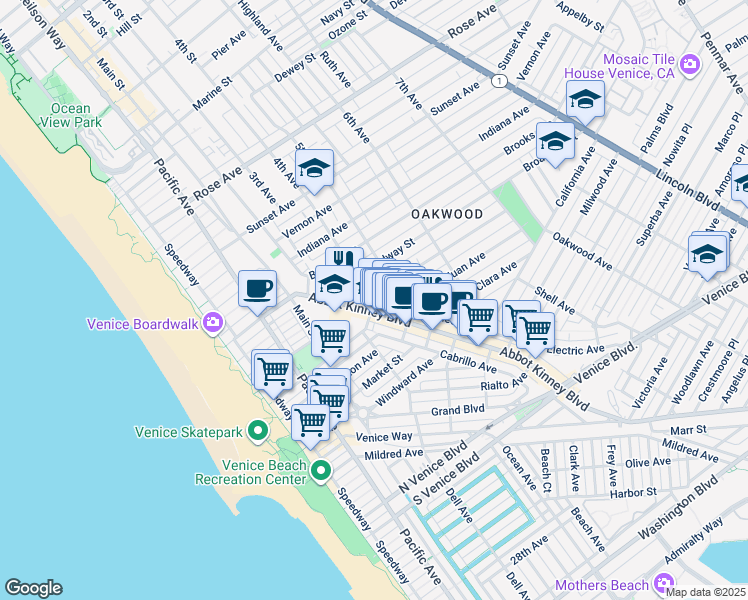 map of restaurants, bars, coffee shops, grocery stores, and more near Westminster Avenue in Los Angeles