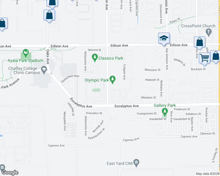 map of restaurants, bars, coffee shops, grocery stores, and more near 14387 Mountain Avenue in Chino